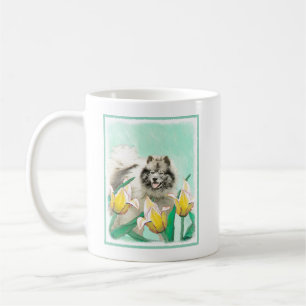 Keeshond in Tulips Malerei Niedliche Original Hund Kaffeetasse