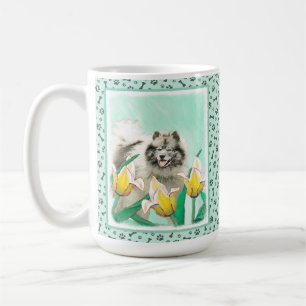 Keeshond in Tulips Malerei Niedliche Original Hund Kaffeetasse