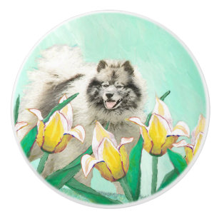 Keeshond in Tulips Malerei Niedliche Original Hund Keramikknauf