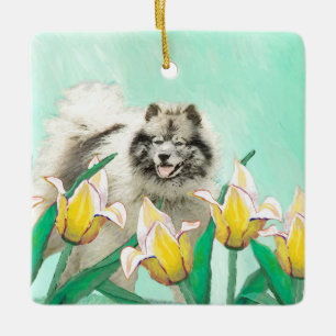 Keeshond in Tulips Malerei Niedliche Original Hund Keramikornament