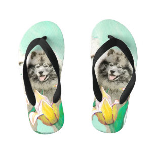 Keeshond in Tulips Malerei Niedliche Original Hund Kinderbadesandalen