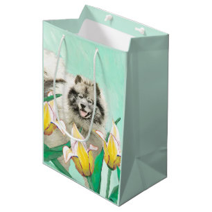 Keeshond in Tulips Malerei Niedliche Original Hund Mittlere Geschenktüte