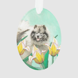Keeshond in Tulips Malerei Niedliche Original Hund Ornament