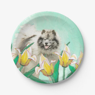 Keeshond in Tulips Malerei Niedliche Original Hund Pappteller