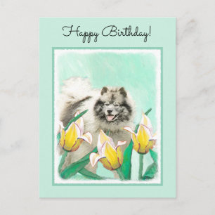 Keeshond in Tulips Malerei Niedliche Original Hund Postkarte
