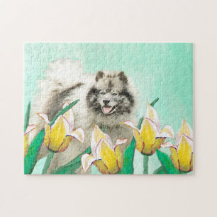 Keeshond in Tulips Malerei Niedliche Original Hund Puzzle