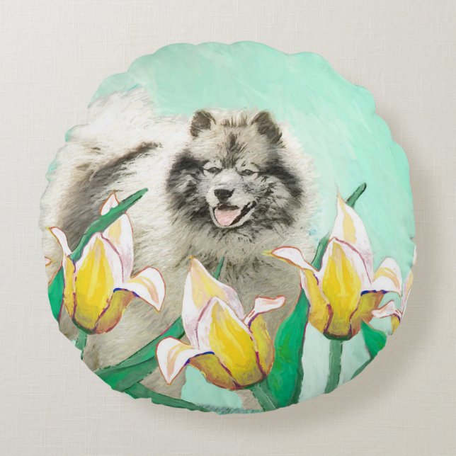 Keeshond in Tulips Malerei Niedliche Original Hund Rundes Kissen (Vorderseite)