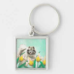 Keeshond in Tulips Malerei Niedliche Original Hund Schlüsselanhänger