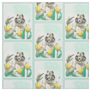 Keeshond in Tulips Malerei Niedliche Original Hund Stoff
