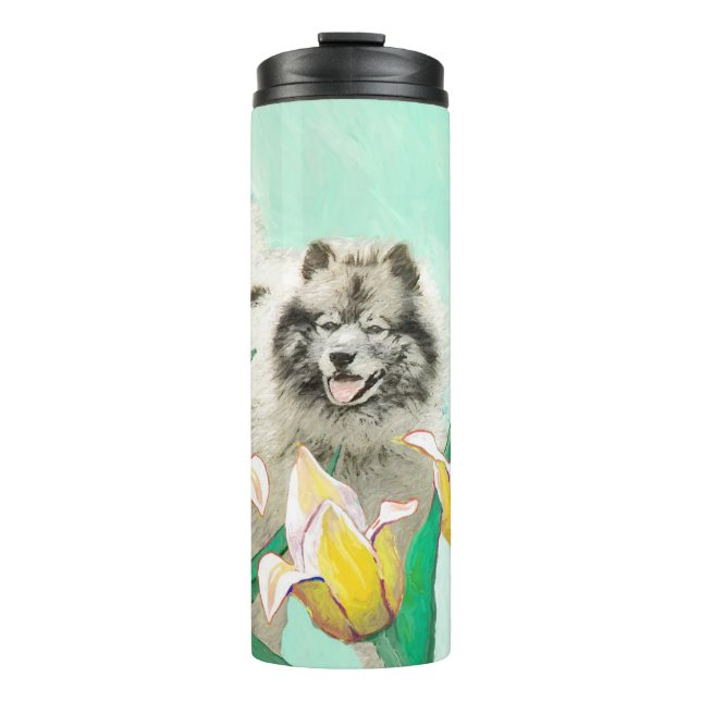 Keeshond in Tulips Malerei Niedliche Original Hund Thermosbecher (Vorderseite)