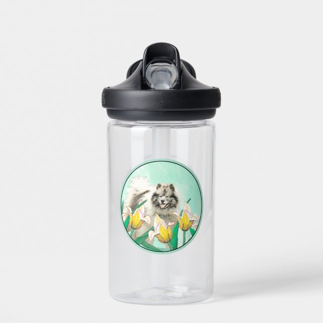 Keeshond in Tulips Malerei Niedliche Original Hund Trinkflasche (Vorne)