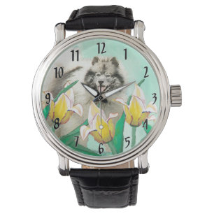 Keeshond in Tulpen Malerei Süße Original-Hunde-Kun Armbanduhr
