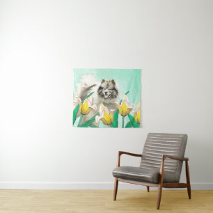Keeshond in Tulpen Malerei Süße Original-Hunde-Kun Wandteppich