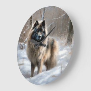 Keeshond Lass es schneien Weihnachten Große Wanduhr