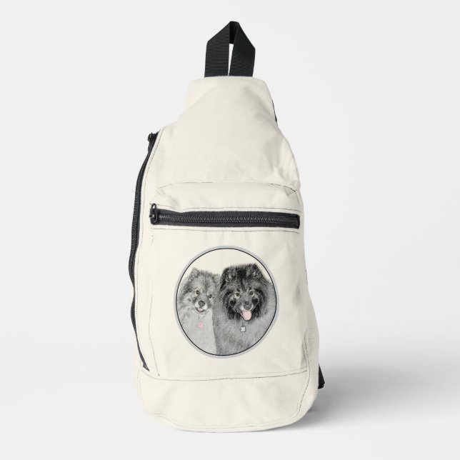 Keeshond Malen 2 Keeshonden Original Hunde Kunst Crossbody Bag (Vorderseite)