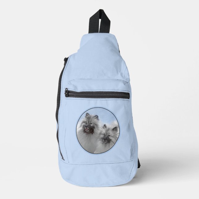 Keeshond Malen 2 Keeshonden Original Hunde Kunst Crossbody Bag (Vorderseite)
