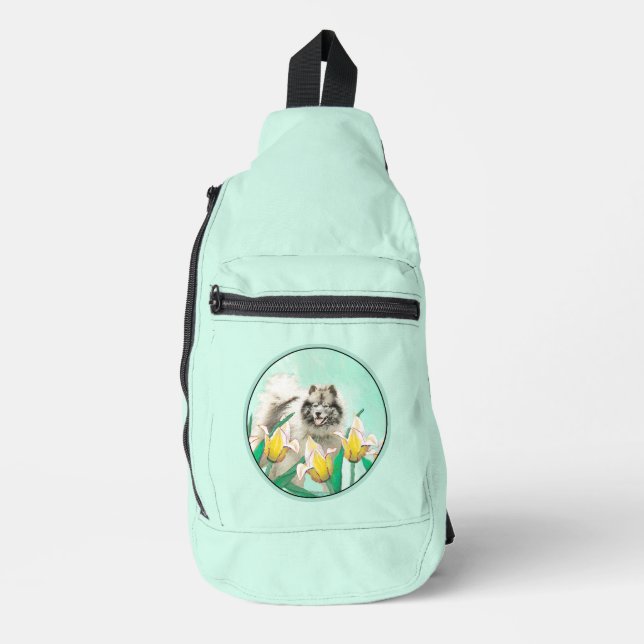 Keeshond Malerei in Tulips Niedliche Original Hund Crossbody Bag (Vorderseite)