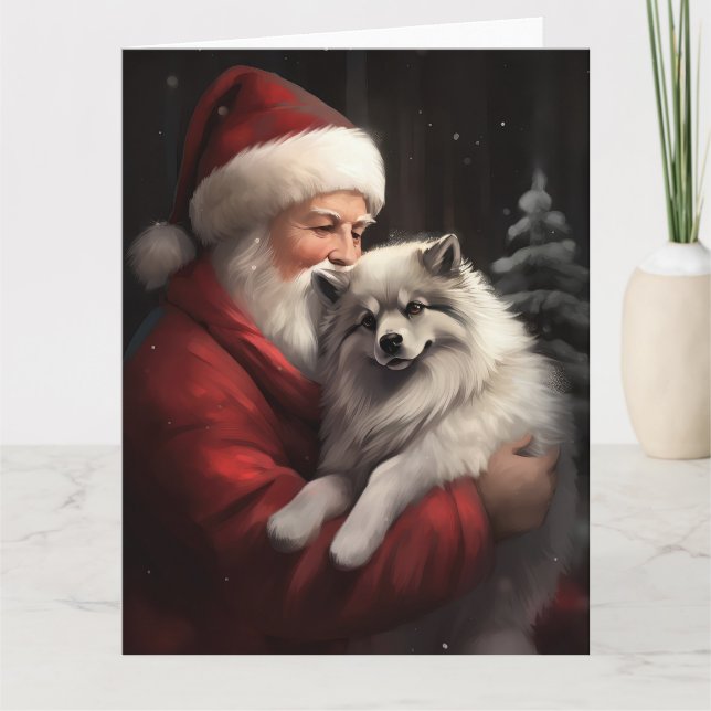 Keeshond mit Weihnachtsfeiern Karte (Vorderseite)