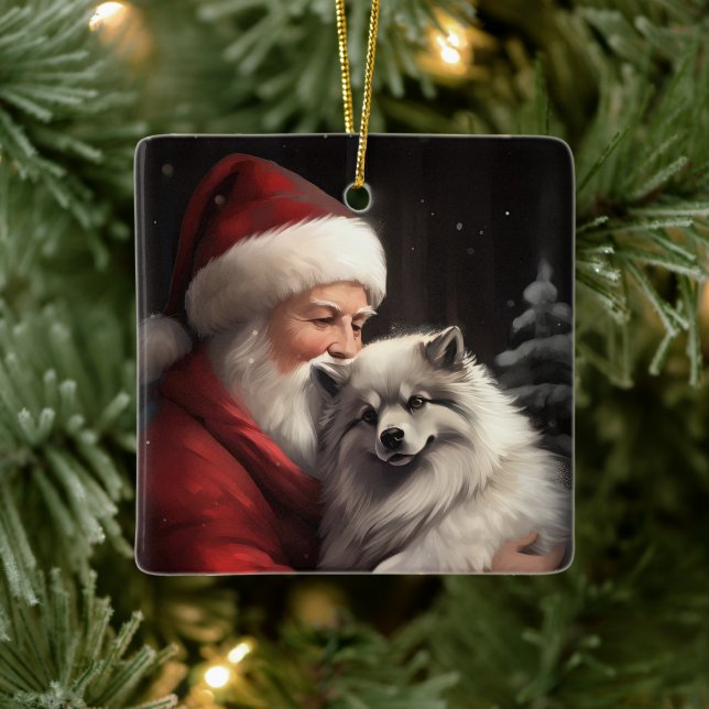 Keeshond mit Weihnachtsfeiern Keramikornament (Baum)