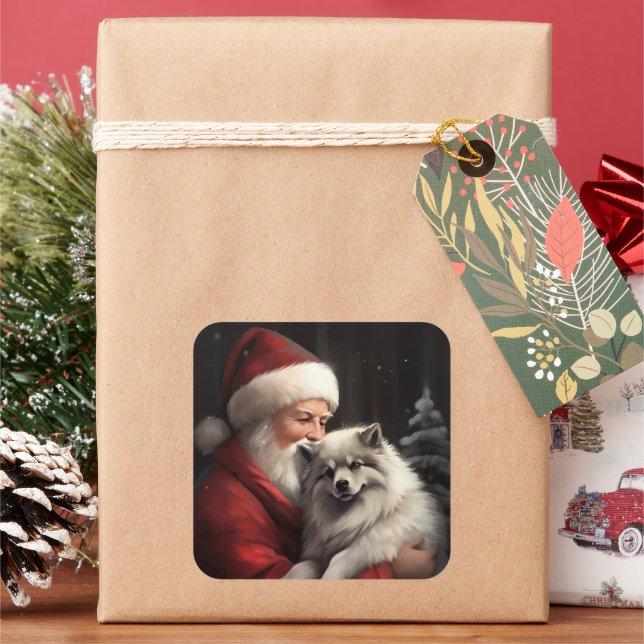 Keeshond mit Weihnachtsfeiern Quadratischer Aufkleber (Feiertag)