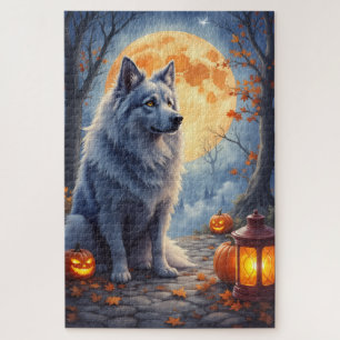 Keeshond Mondlicht Halloween-Porträt Kunst Puzzle