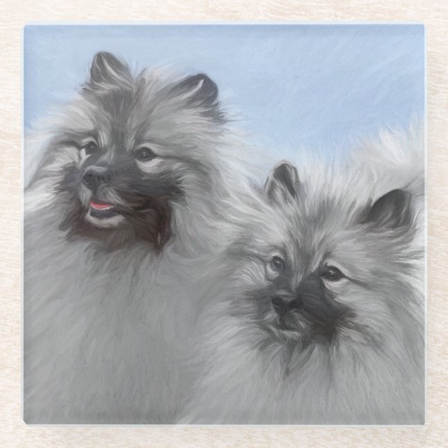 Keeshond Pair of Kees Painting Original Animal Art Glasuntersetzer (Vorderseite)