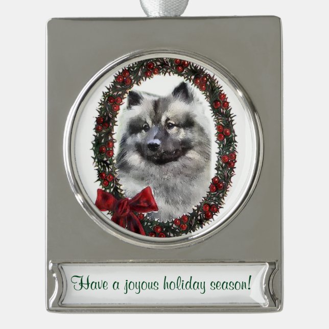 Keeshond Personalisiert Christmas Banner-Ornament Silber (Vorderseite)