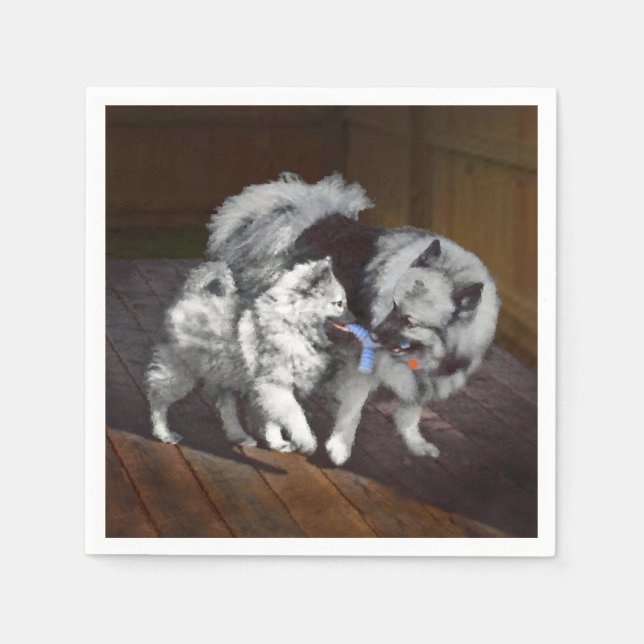 Keeshond Play-time Malerei - Niedliche Original Hu Serviette (Vorderseite)