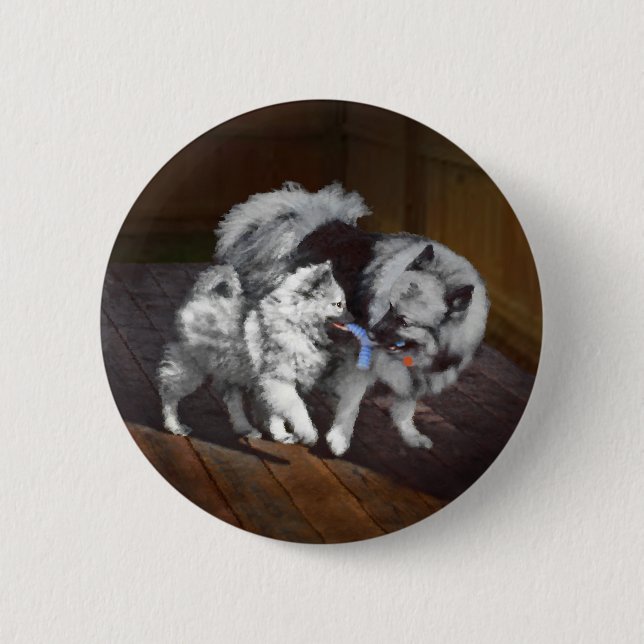 Keeshond Playtime Malerei - Niedliche Original Dog Button (Vorderseite)