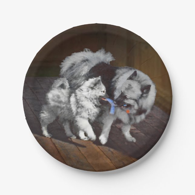 Keeshond Playtime Malerei - Niedliche Original Dog Pappteller (Vorderseite)