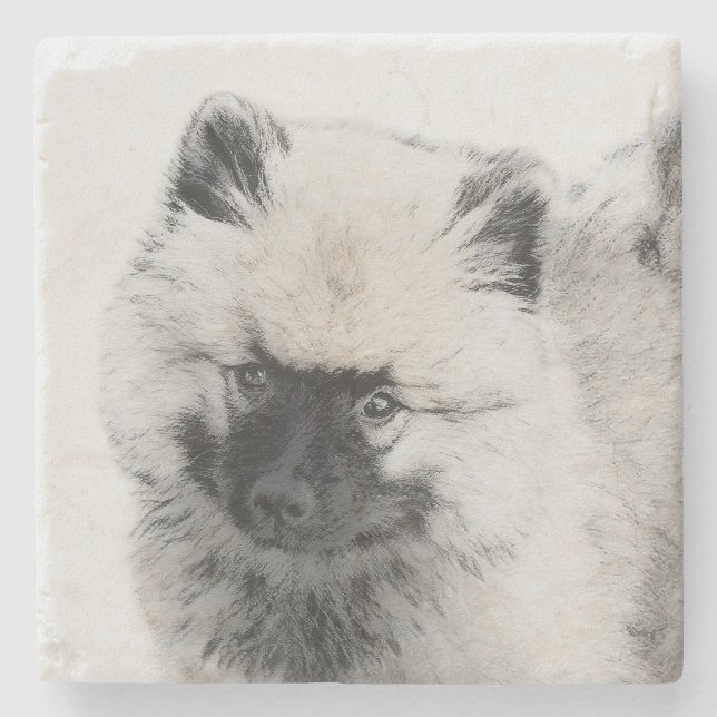 Keeshond Puppy Zeichnend - Niedliche Original Hund Steinuntersetzer (Vorderseite)