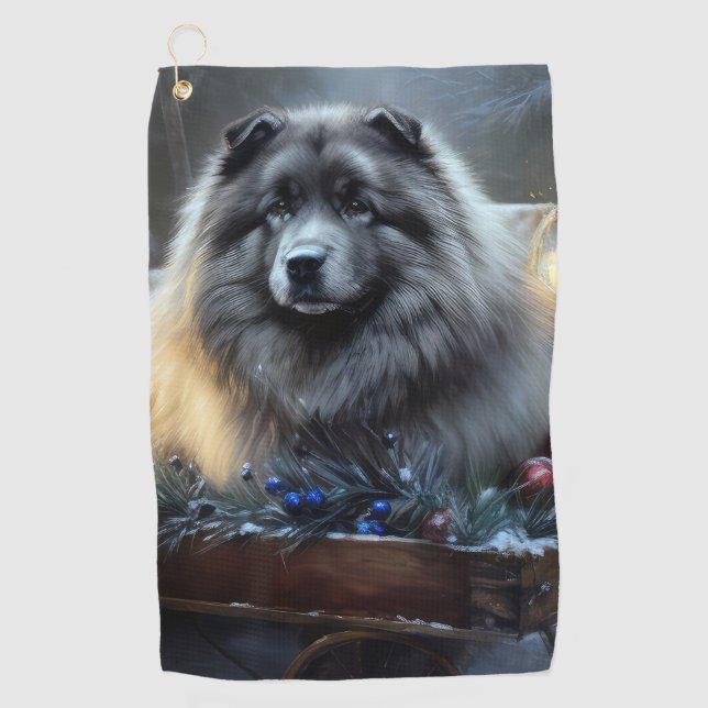 Keeshond Snowy Sleigh Weihnachtsdekor Golfhandtuch (Vorderseite)