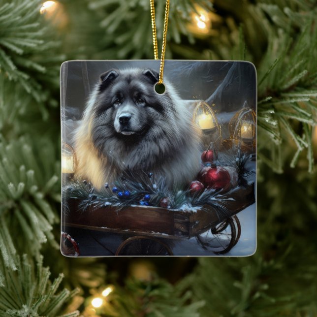 Keeshond Snowy Sleigh Weihnachtsdekor Keramikornament (Baum)
