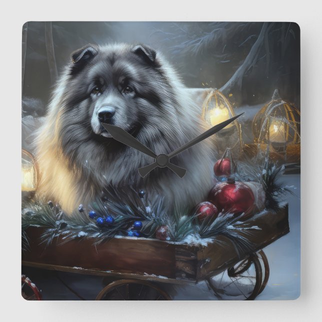 Keeshond Snowy Sleigh Weihnachtsdekor Quadratische Wanduhr (Vorderseite)