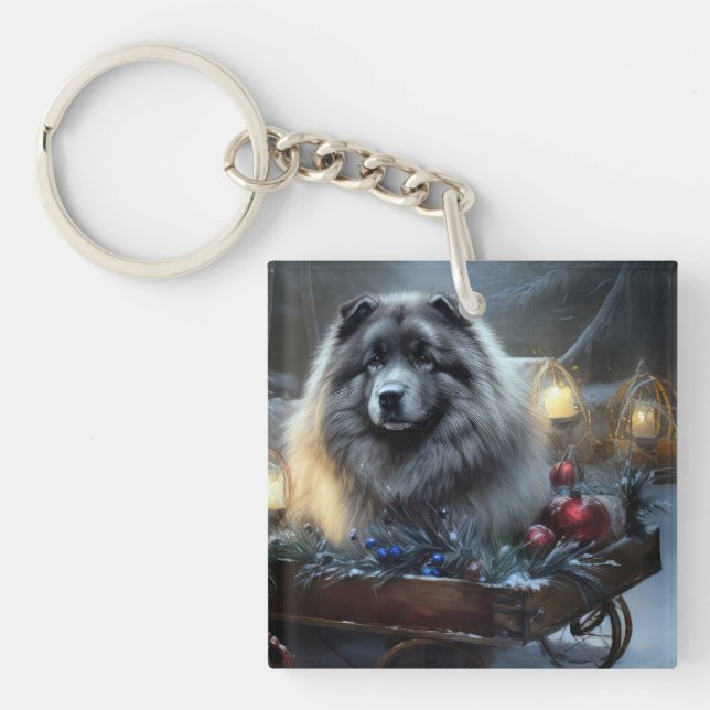 Keeshond Snowy Sleigh Weihnachtsdekor Schlüsselanhänger (Vorderseite)