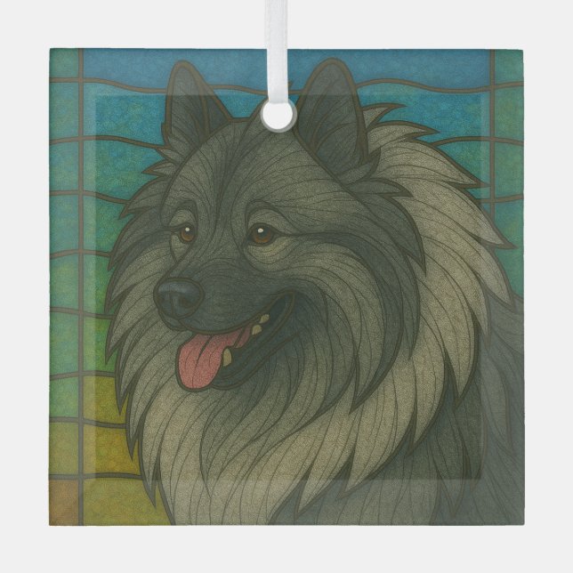 Keeshond "Stached Glass" Ornament Aus Glas (Vorderseite)