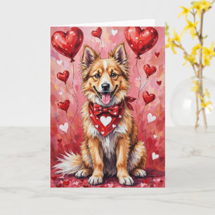 Keeshond Valentinstag Hund sitzt mit Herzen Rot Karte