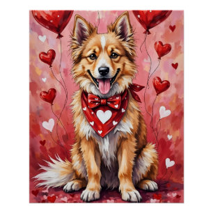 Keeshond Valentinstag Hund sitzt mit Herzen Rot Poster