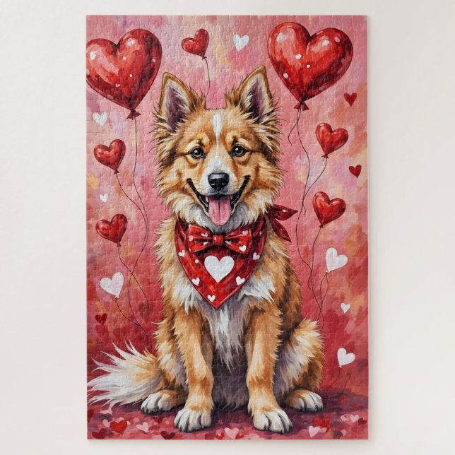 Keeshond Valentinstag Hund sitzt mit Herzen Rot Puzzle (Vertikal)