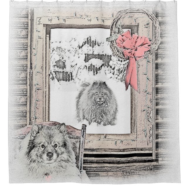 Keeshond Weihnachtsfenster Malerei Hund Kunst Duschvorhang (Vorderseite)