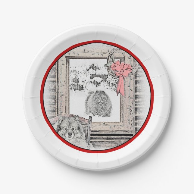 Keeshond Weihnachtsfenster Malerei Hund Kunst Pappteller (Vorderseite)