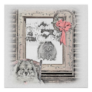 Keeshond Weihnachtsfenster Malerei Hund Kunst Poster
