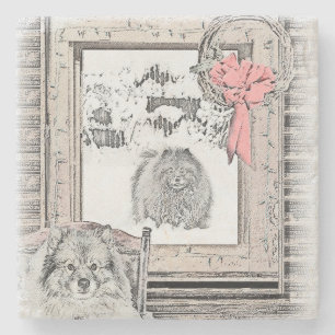 Keeshond Weihnachtsfenster Malerei Hund Kunst Steinuntersetzer