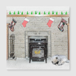 Keeshond-Weihnachtshund am Kamin Gemälde Magnetkarte