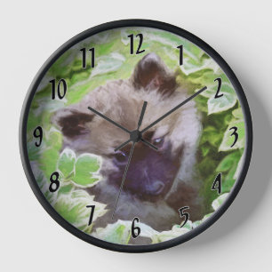 Keeshond-Welpe im Garten Gemälde Original Kunst Uhr