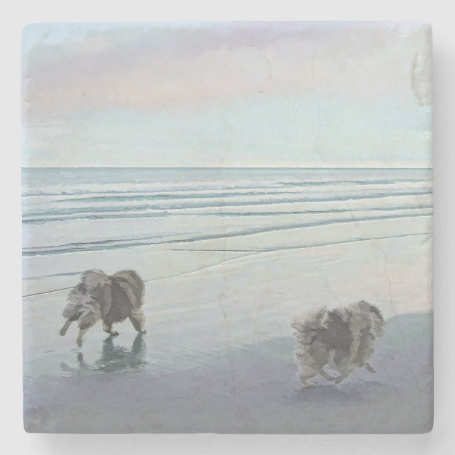 Keeshonds an der Küste Malerei Hund Kunst Steinuntersetzer (Vorderseite)