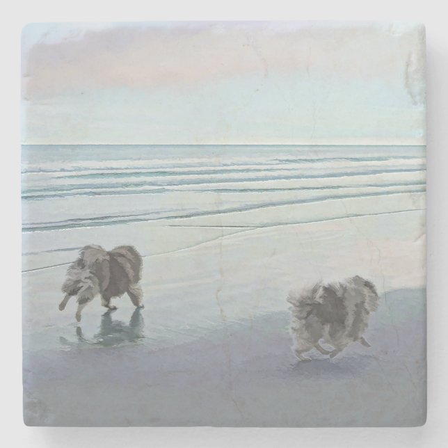 Keeshonds an der Küste Malerei Hund Kunst Steinuntersetzer (Vorderseite)