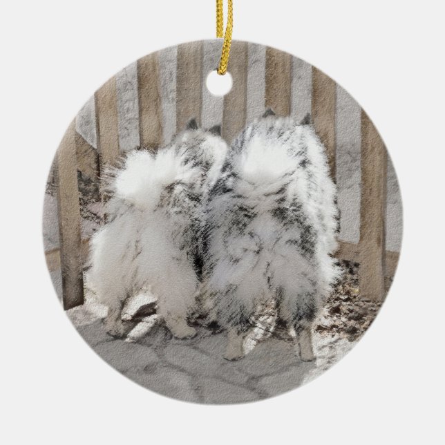 Keeshonds at Gate Painting - Original Dog Art Keramik Ornament (Vorne)