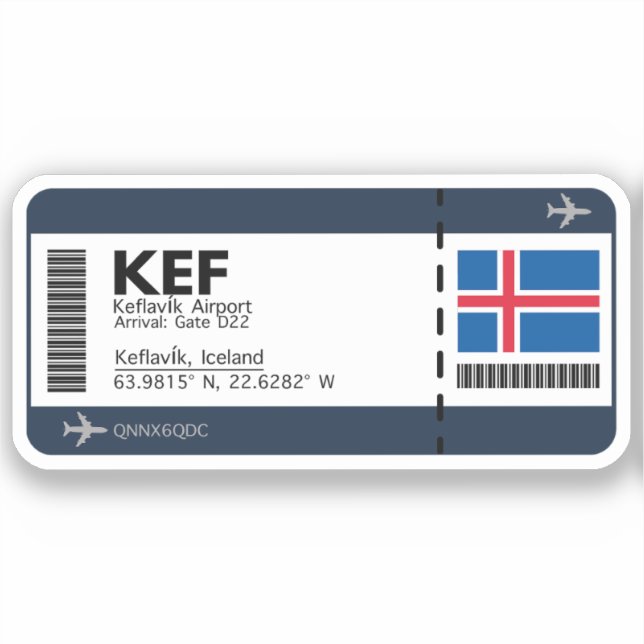 KEF Keflavik Boarding Pass - Island Ticket Aufkleber (Vorderseite)