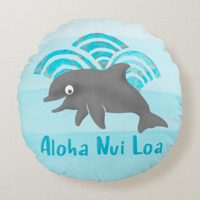 Keiki Watercolor Dolphin Wave Engineer Reversible Rundes Kissen (Vorderseite)